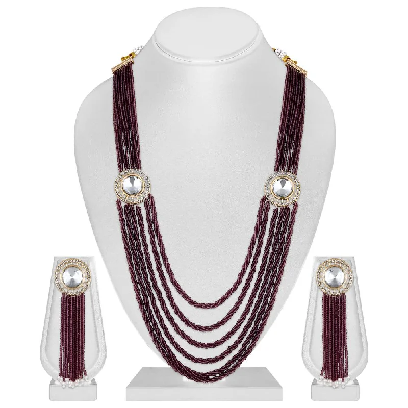 Mahi Gold Plated Maroon and White Crystal Beaded Maharani Layered Necklace Set for Women (NL1103812GMar)