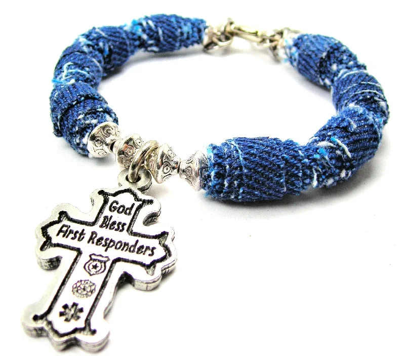 God Bless First Responders Blue Jean Beaded Toggle Bracelet