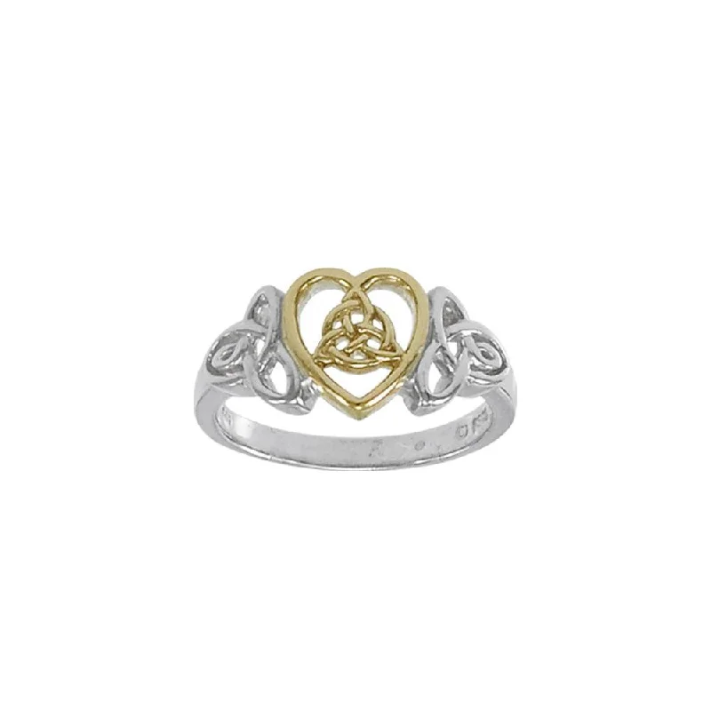 Celtic Knotwork Trinity Heart Sterling Silver with 14K Gold Accent Ring MRI873