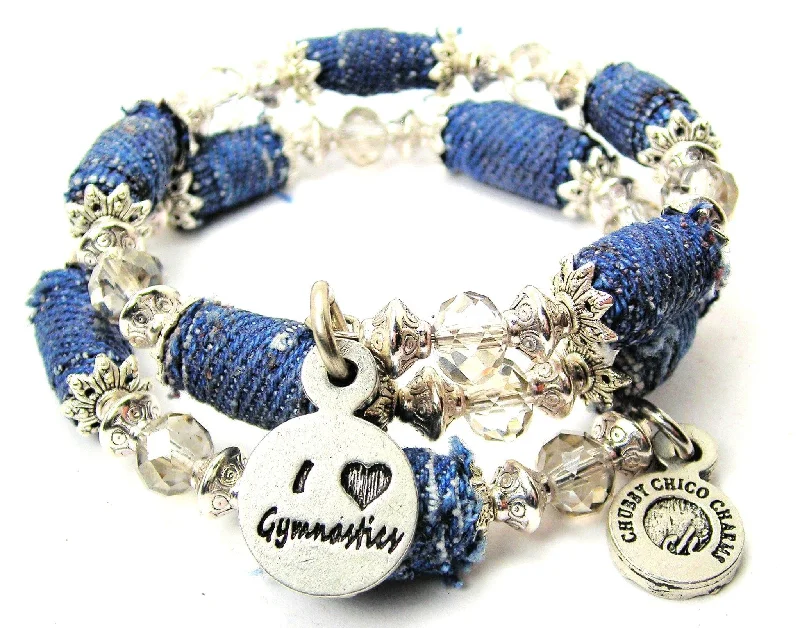 I Love Gymnastics Circle Blue Jean Beaded Wrap Bracelet