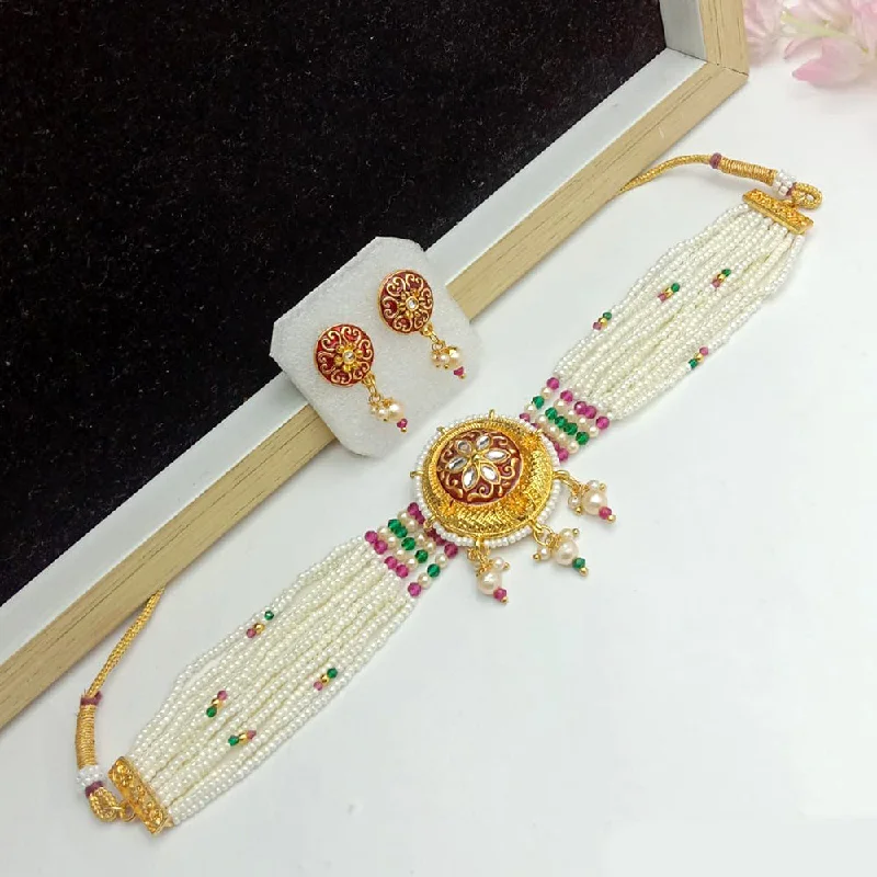 SP Jewellery Gold Plated Kundan And Pearl Choker Necklace Set