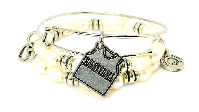 Basketball Jersey Fresh Water Pearls Expandable Bangle Bracelet Set