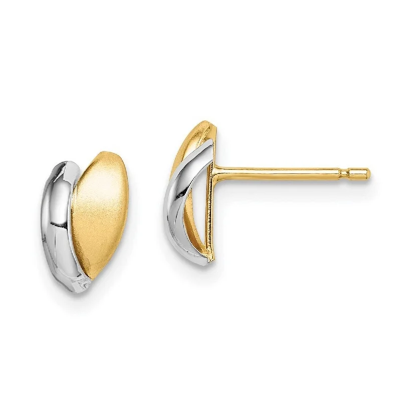 Curata 14k Yellow Gold With Rhodium Satin Leaf Post Earrings