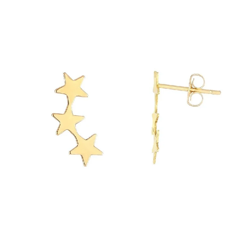 Curata 14k Yellow Gold 14x6.2mm Shiny 3 Star Stud Earrings With Push Back Clasp