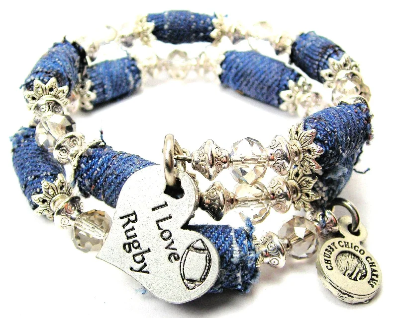 I Love Rugby Blue Jean Beaded Wrap Bracelet