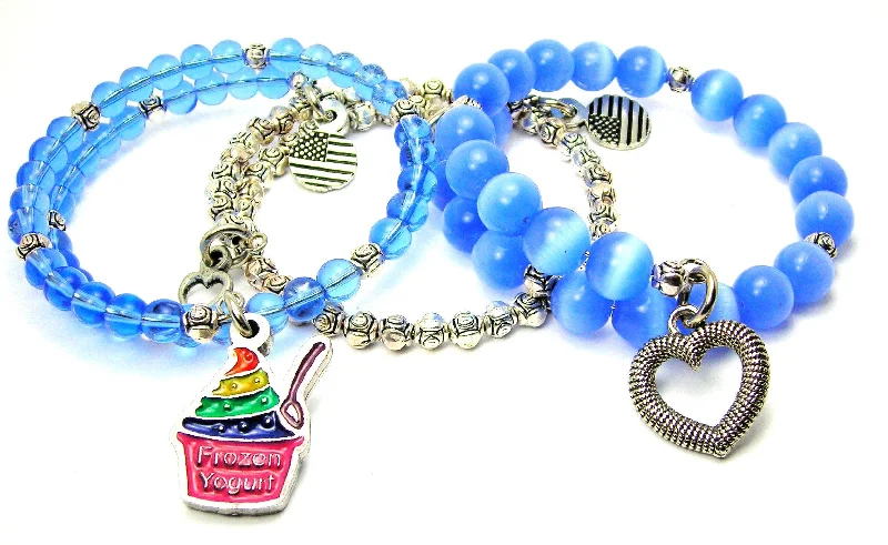 Frozen Yogurt Rainbow Epoxy 3 Piece Wrap Bracelet Set Cats Eye Glass And Pewter