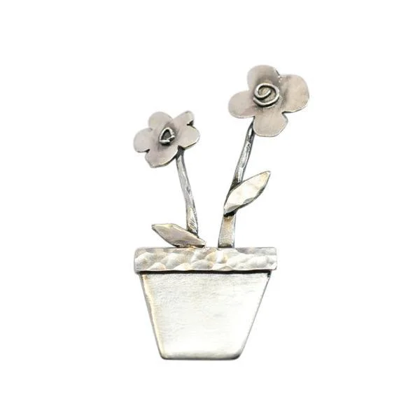 Sterling Silver Plant Pot and Flowers Brooch