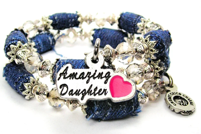 Amazing Daughter Hand Painted Pink Blue Jean Beaded Wrap Bracelet