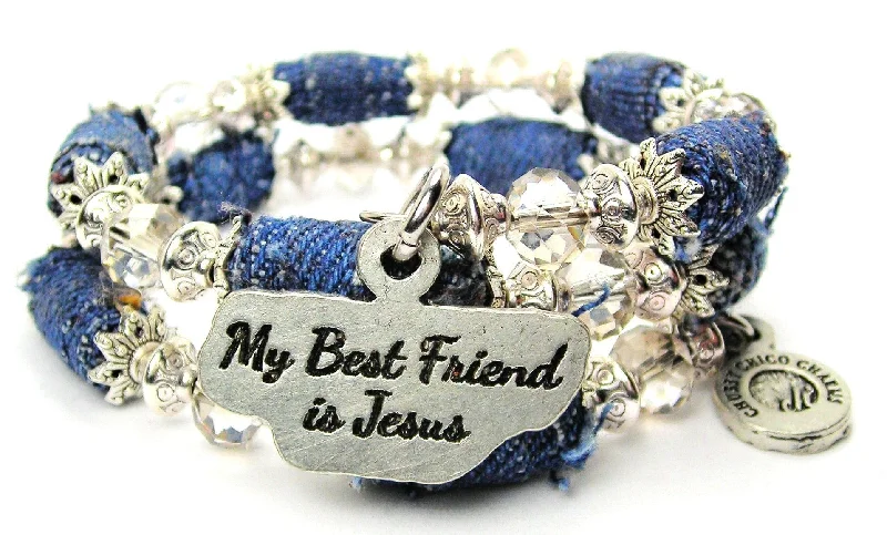 My Best Friend Is Jesus Blue Jean Beaded Wrap Bracelet