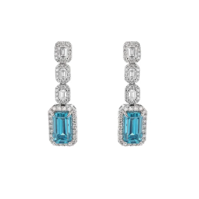 Blue Zircon & Diamond Halo Drop Earrings