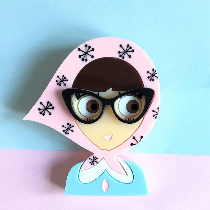 ALVA Acrylic Brooch, a girl from the fifties with retro glasses