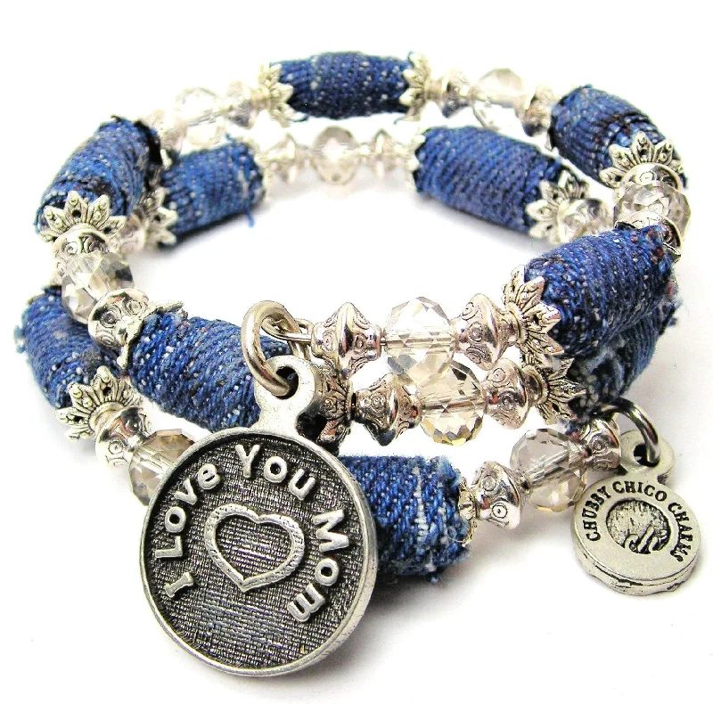 I Love You Mom Blue Jean Beaded Wrap Bracelet