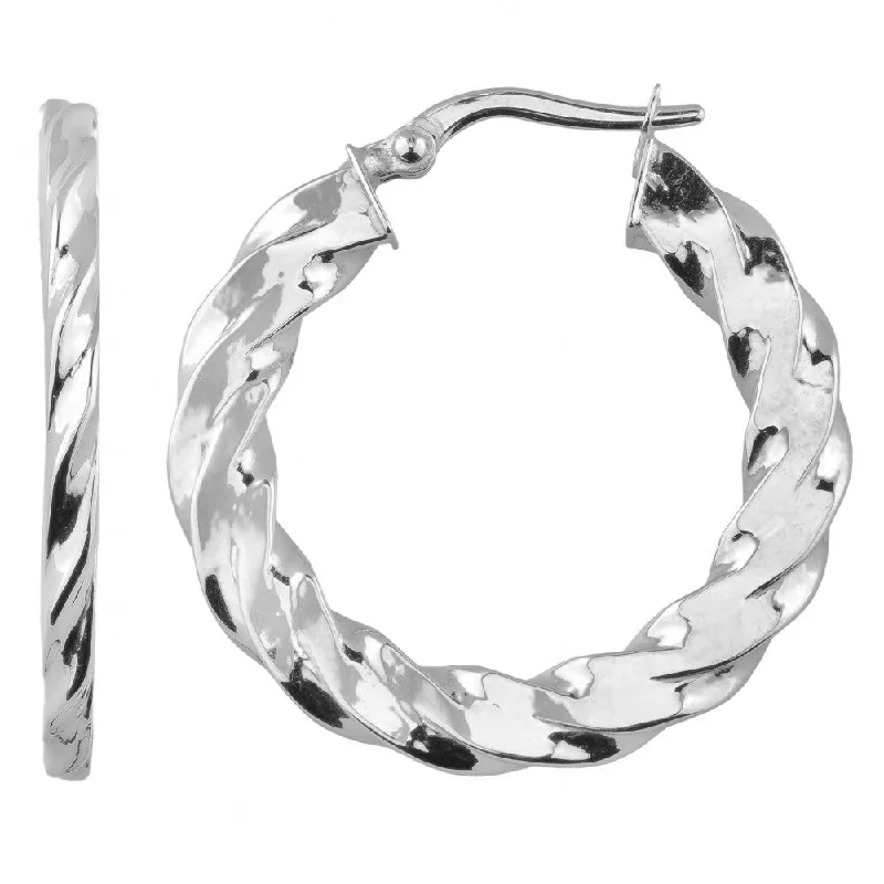 Fremada 10k White Gold 2x20mm Twist Design Flat Hoop Earrings