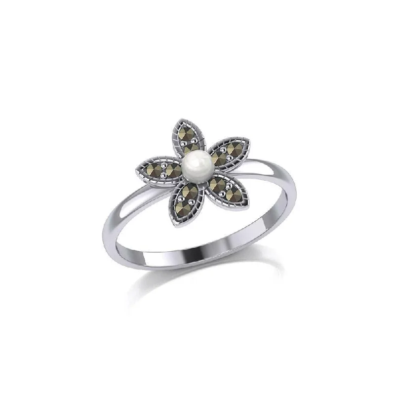 Flower with Synthetic Pearl and Marcasite Silver Ring TRI1867