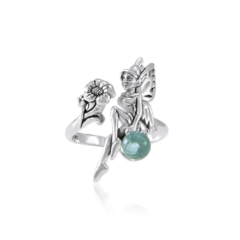 Fairy and Flower Silver Ring with Gemstone Ball TRI1823