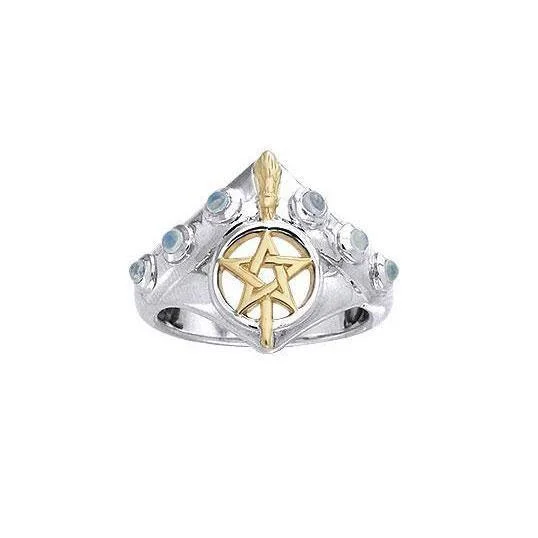 Broomstick & Pentagram Silver and 18K Gold Accent Ring MRI343