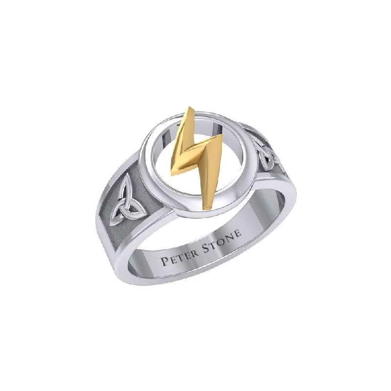 Zeus God Lightning Bolt with Celtic Trinity Knot Silver and Gold Ring MRI2297