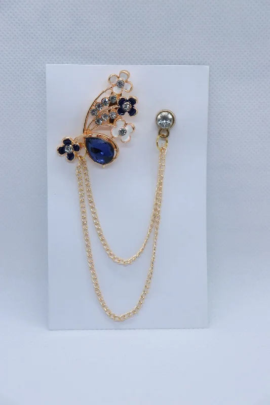 Golden Blue Stone White Flower Brooch