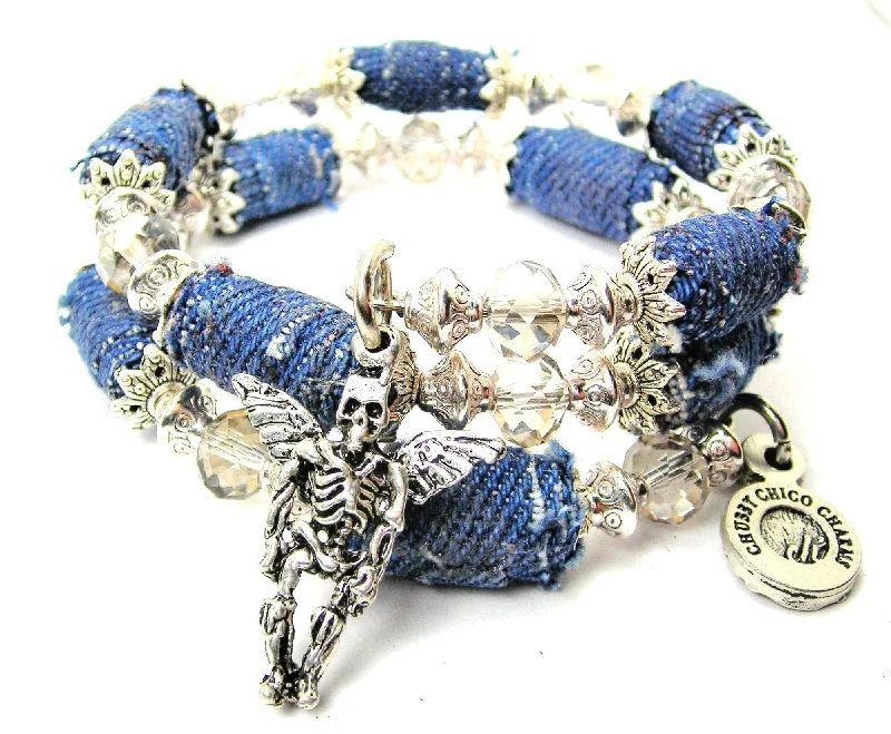 Male Day Of The Dead Angel Blue Jean Beaded Wrap Bracelet