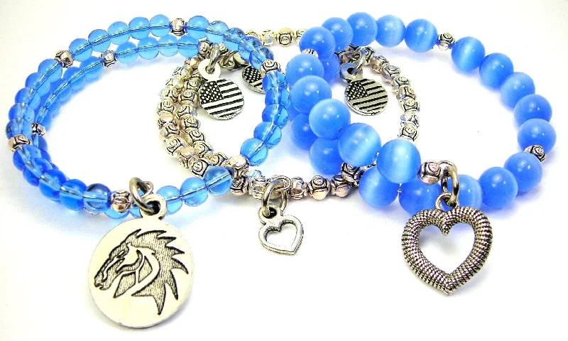 Stallion Head 3 Piece Wrap Bracelet Set Cats Eye Glass And Pewter