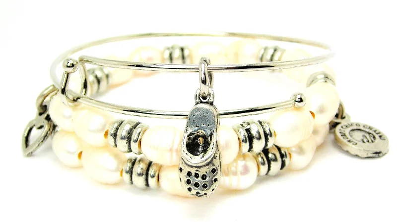 Clog With Holes Fresh Water Pearls Expandable Bangle Bracelet Set