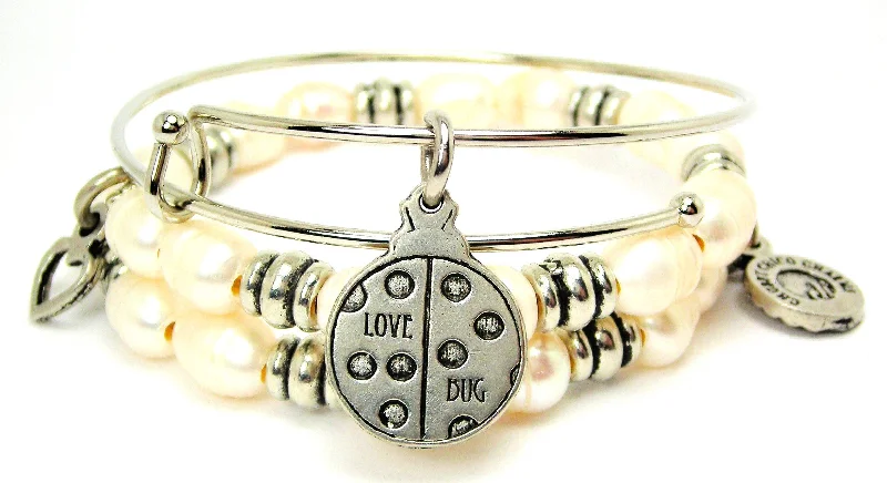 Love Bug Fresh Water Pearls Expandable Bangle Bracelet Set