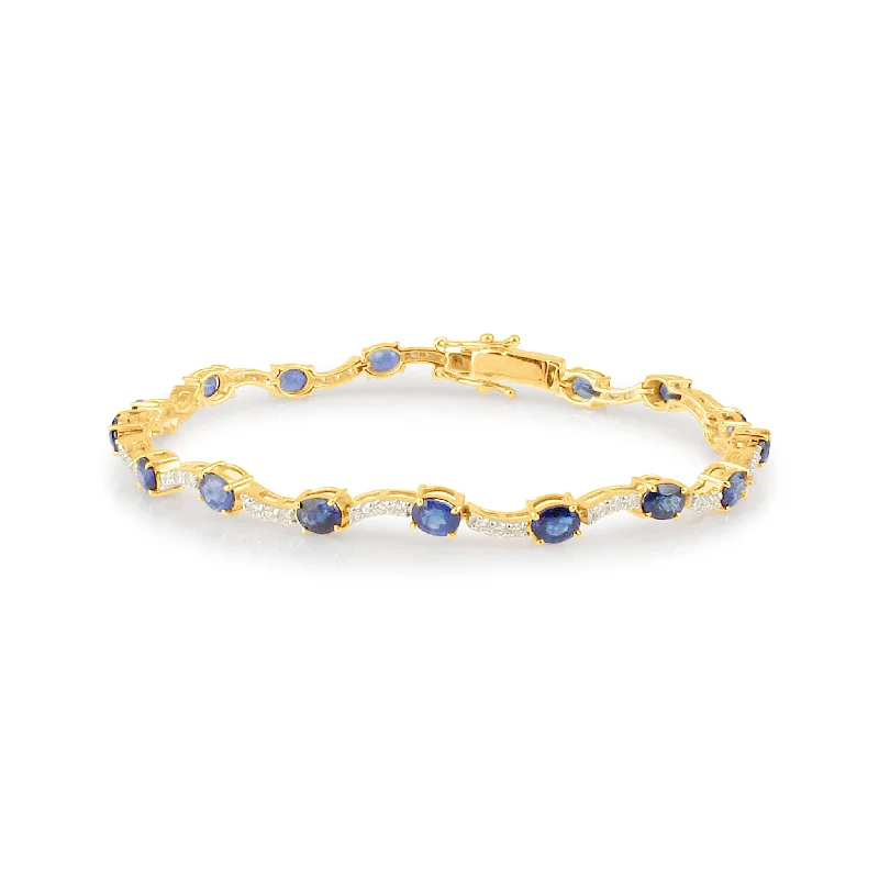 Blue Sapphire Oval & Diamond Rd. Bracelet In 18K Yellow Gold