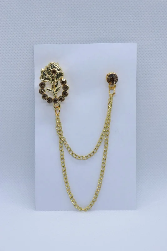 Golden Flower Design With Stones Metallic Brooch