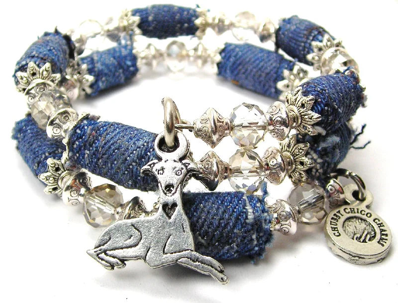 Sitting Greyhound Blue Jean Beaded Wrap Bracelet