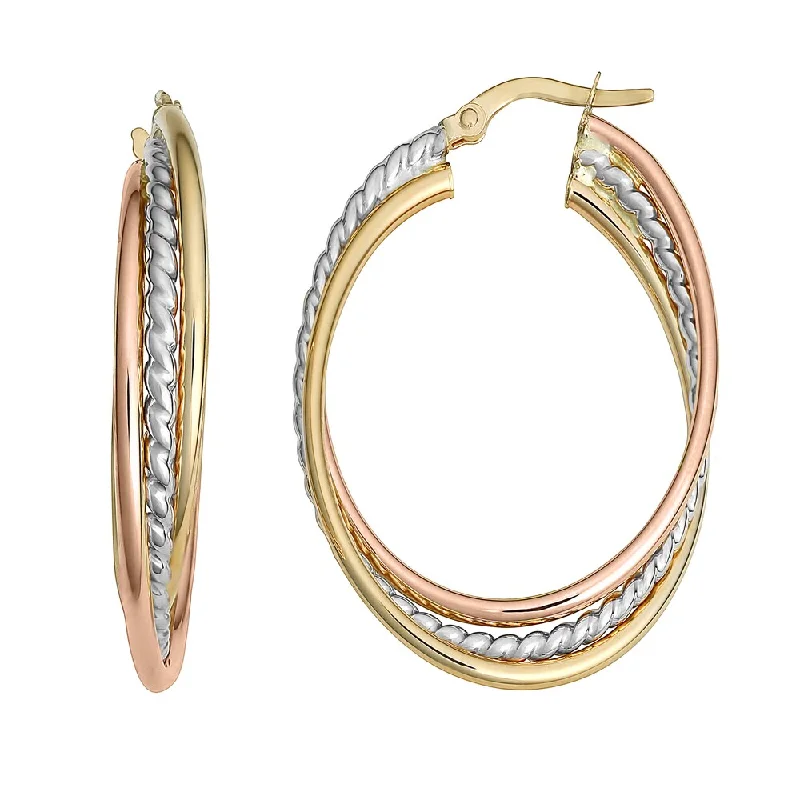 Fremada Italian 14k Tri-color Gold Overlapping Triple Oval Hoop Earrings