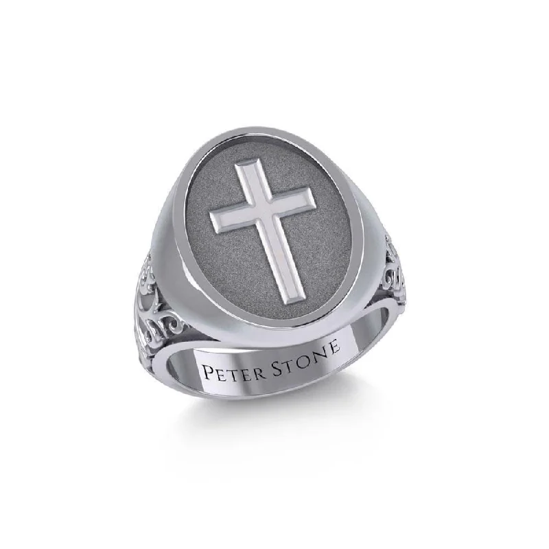 Modern Cross Silver Signet Men Ring TRI1963