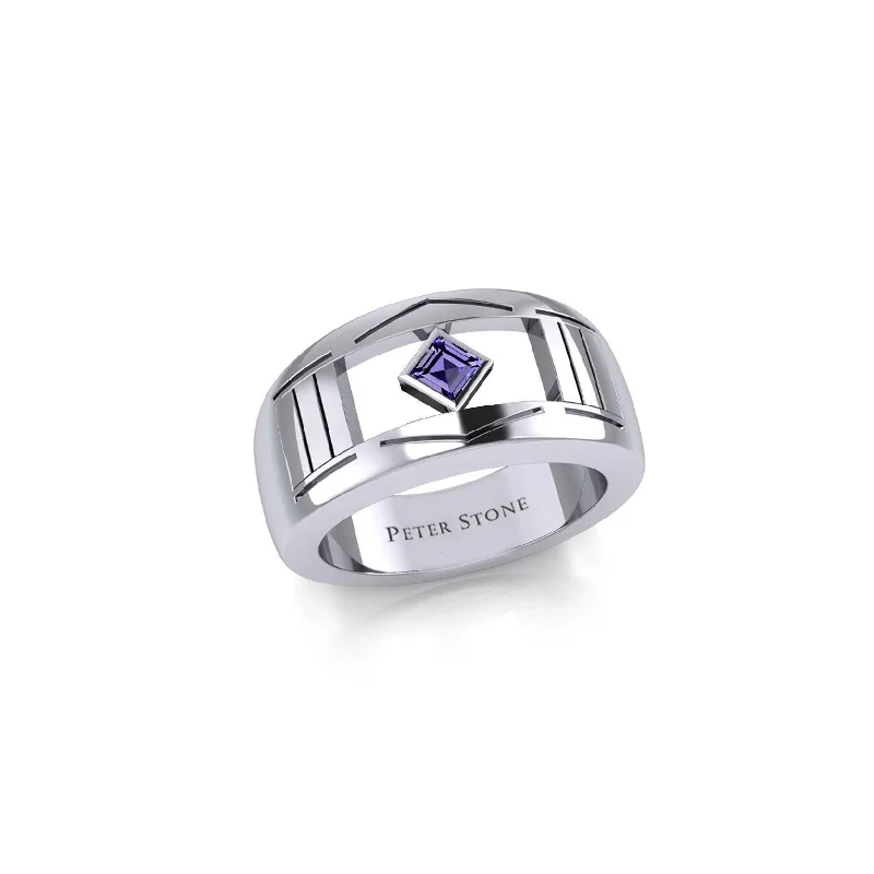 The Modern Silver Band Ring with Square Gemstone NA Symbol TRI2437