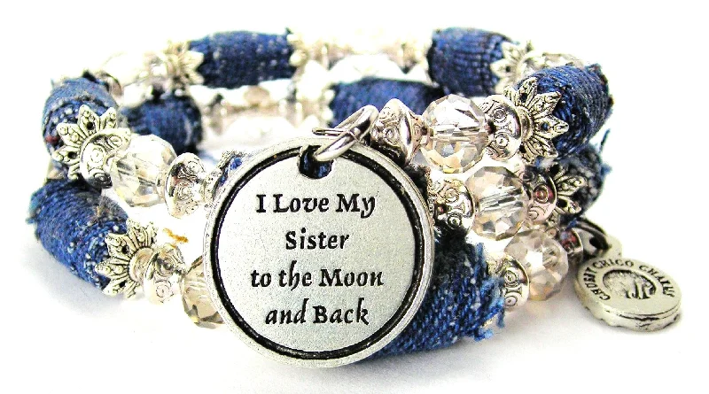 I Love My Sister To The Moon And Back Blue Jean Beaded Wrap Bracelet