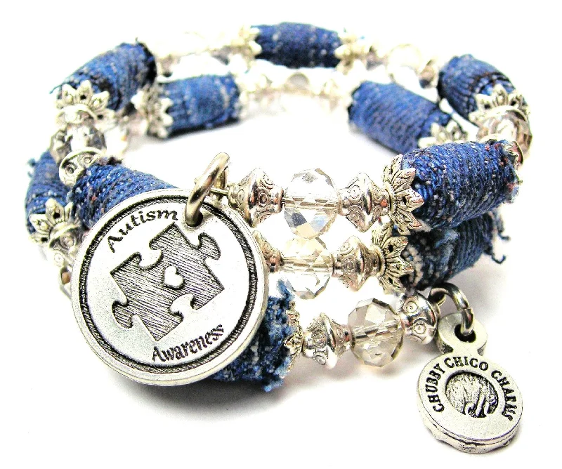 Autism Awareness Puzzle Piece With Heart Blue Jean Beaded Wrap Bracelet