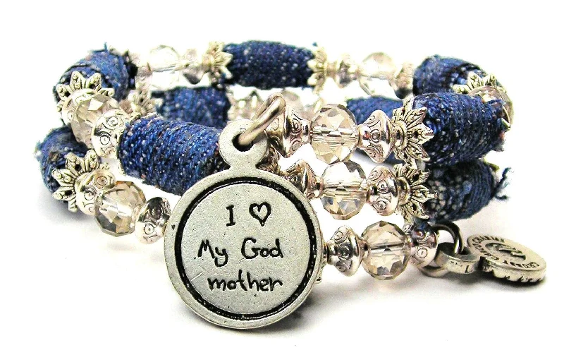 I Love My Godmother Child Handwriting Blue Jean Beaded Wrap Bracelet