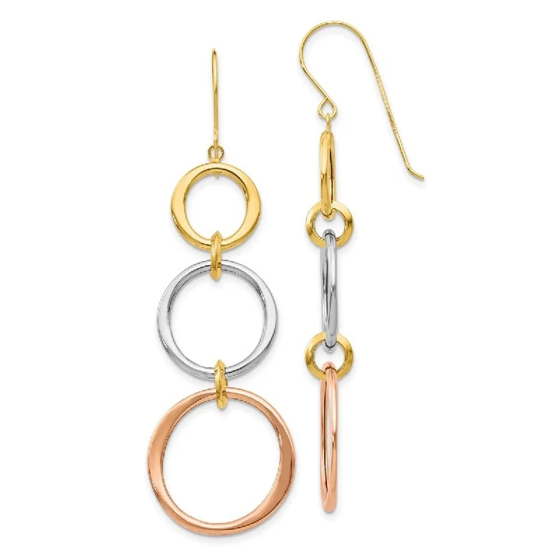 Curata 14k Tri Color Gold 61x19mm Triple Circle Long Drop Dangle Earrings