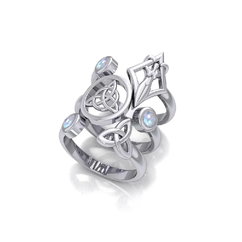 Silver Trinity Knot Triquetra and Goddess Stack Ring with Gemstone TRI1802