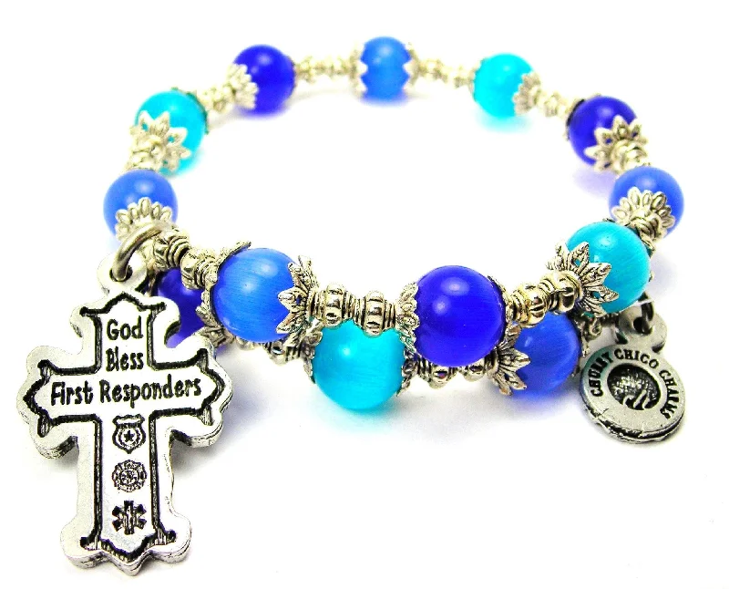 God Bless First Responders Cat's Eye Beaded Wrap Bracelet