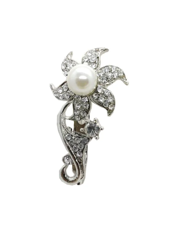 White Pearl Silver Flower Brooch