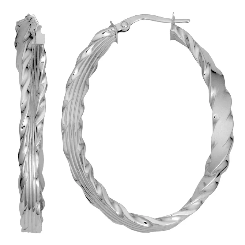 Fremada 10k White Gold Twist Design Flat Oval Hoop Earrings