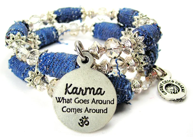 Karma What Goes Around Comes Around With Om Blue Jean Beaded Wrap Bracelet