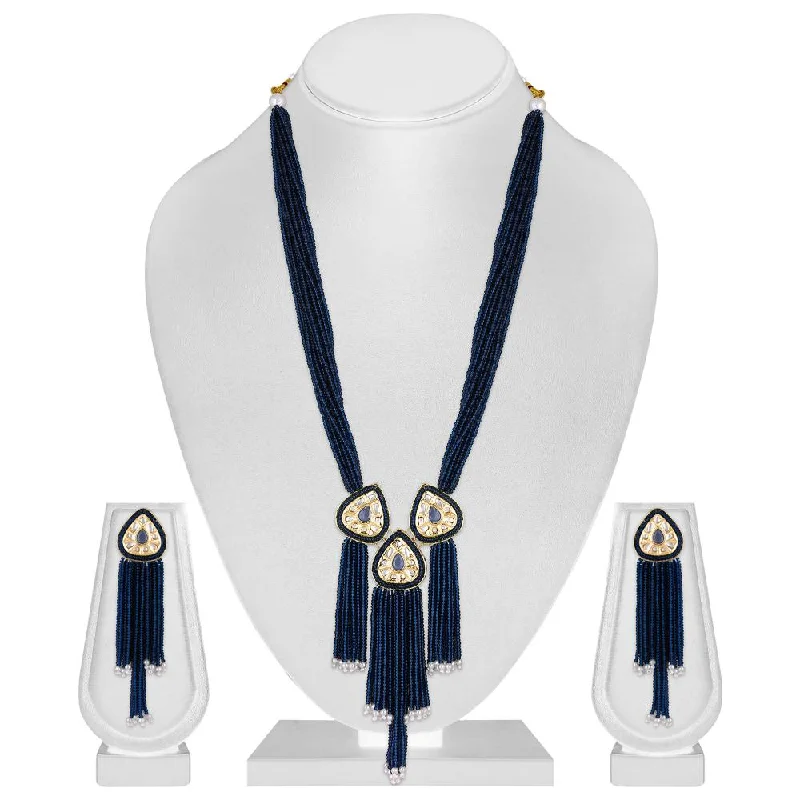 Mahi Gold Plated Blue Artificial Beads Beaded Necklace and Tassel Dangler Earrings Set for Women (NL1103811GBlu)