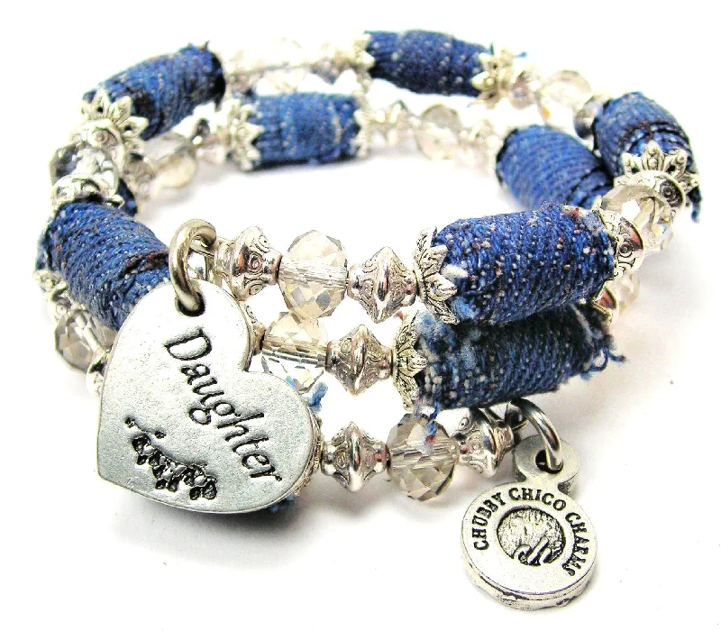 Daughter Heart Blue Jean Beaded Wrap Bracelet