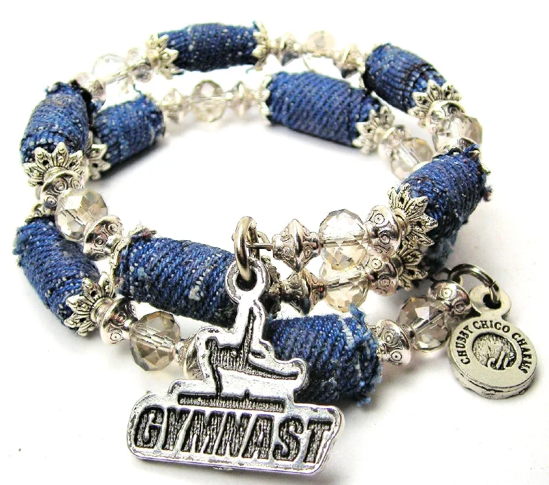 Male Gymnast On Pommel Horse Blue Jean Beaded Wrap Bracelet