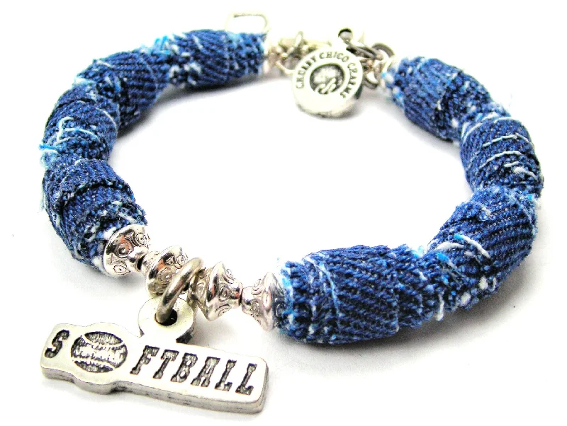 Softball Tab With Softball Blue Jean Beaded Toggle Bracelet