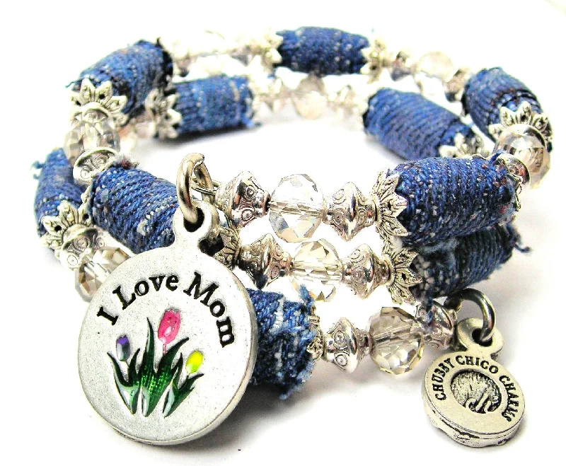 I Love Mom With Painted Tulips Blue Jean Beaded Wrap Bracelet