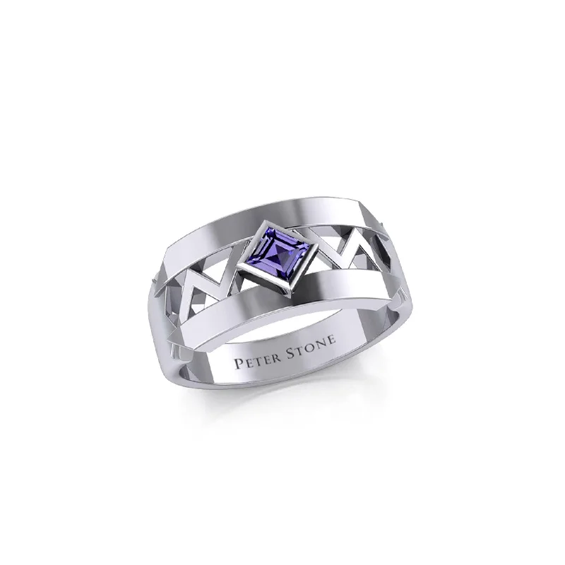 The Modern Zigzag Sterling Silver Band Ring with Square Gemstone NA Symbol TRI2438