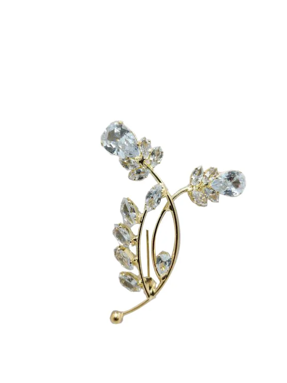 Golden American Diamond Stone Leaf Brooch