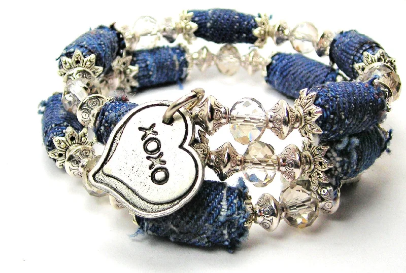 XOXO Heart Blue Jean Beaded Wrap Bracelet