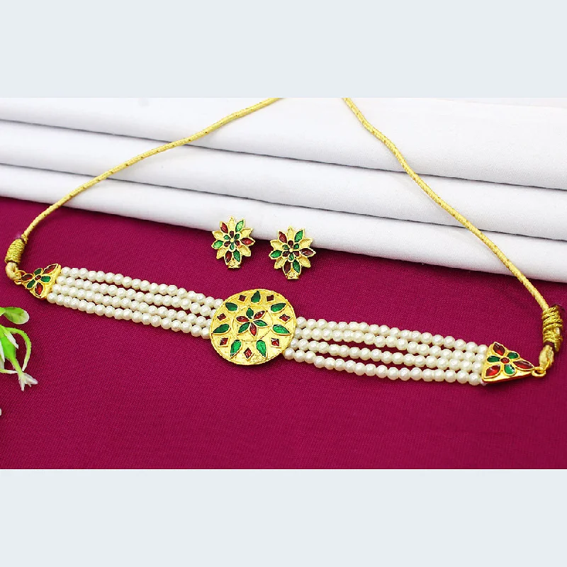 Mahavir Dye Gold Pearl Choker Necklace Set